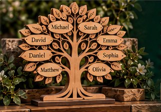 Wooden family tree engraved with names