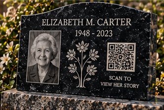 Granite memorial with photo and QR code